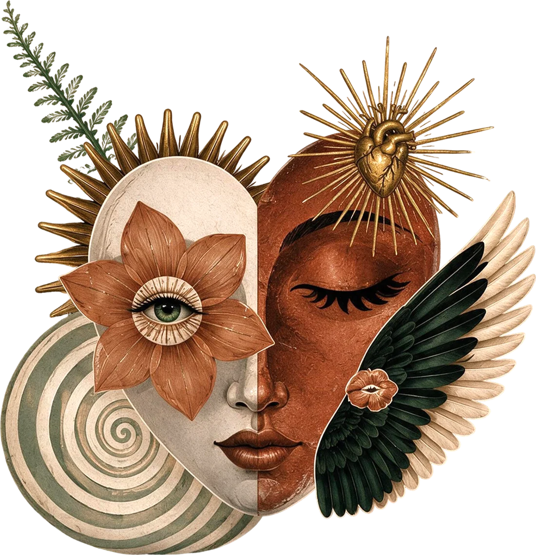 Ilustración de un rostro dividido en dos mitades, una clara y otra terracota, con una flor con ojo, un corazón radiante y un ala oscura